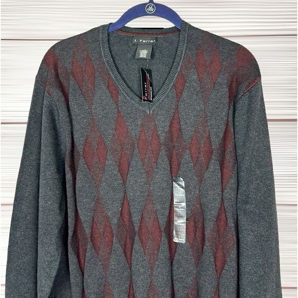 NWT J. Ferrar V-neck Sweater Gray Burgundy Argyle Pullover Cotton Cashmere L - Picture 4 of 12